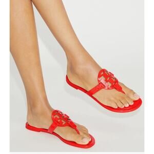 Tory Burch Miller Sandals Blazing Red Leather Thong Logo Flats Size 6